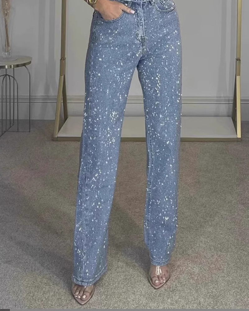Sparkling Rhinestone-Embellished Straight-Leg Jeans