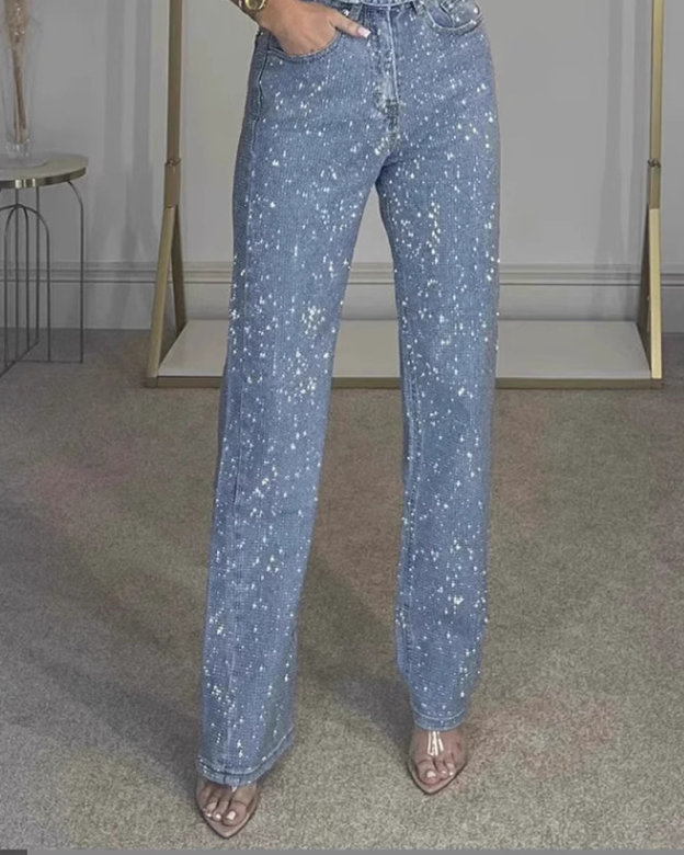 Sparkling Rhinestone-Embellished Straight-Leg Jeans