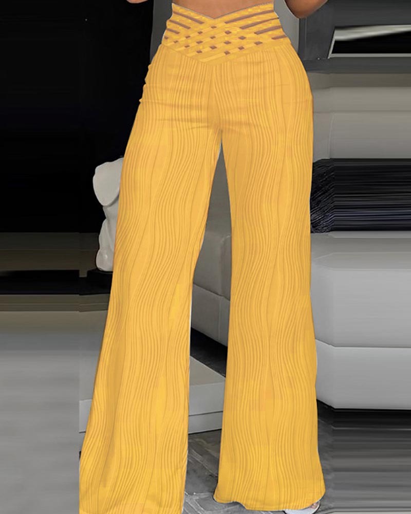 Draping Pleated Hollow-Cut Water Ripple Wide-Leg Pants-Curvy-Faja