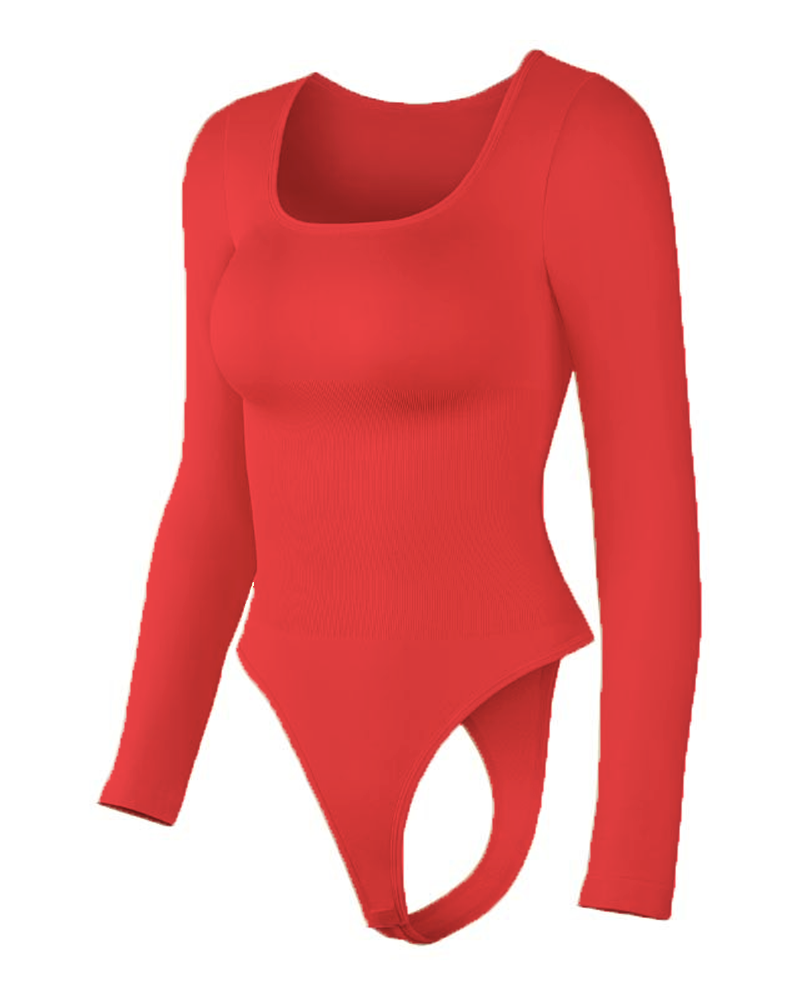 Long-Sleeved Square Neck Slim Waist Bodysuit-Curvy-Faja