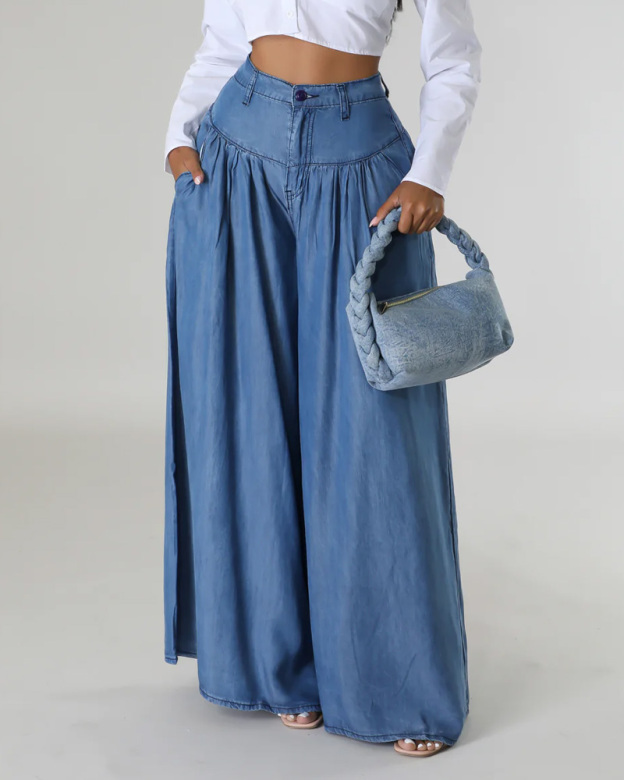 High Waist Zipper Wide Leg Denim Women Pants Jeans Casual Floor Loose Ladies Spring Longs Feminine