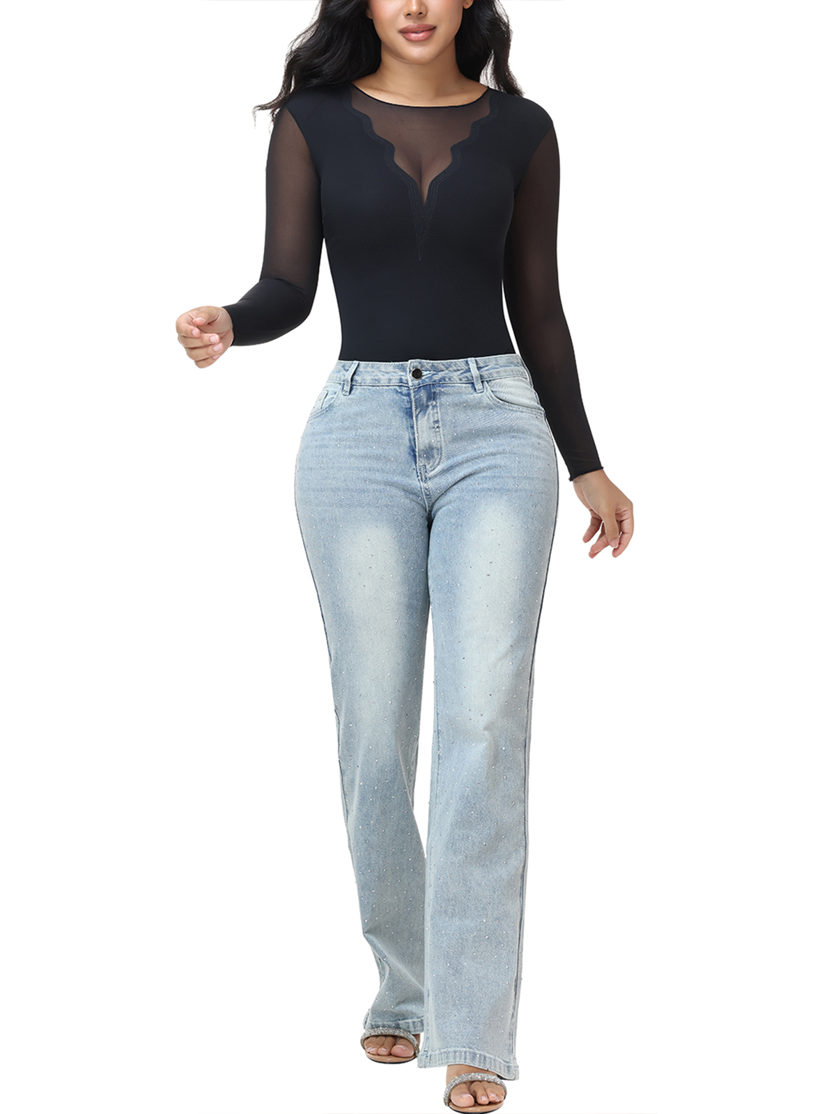 Long Sleeve Mesh Bodysuit for Women | Scalloped Sheer Neckline Slim Fit 