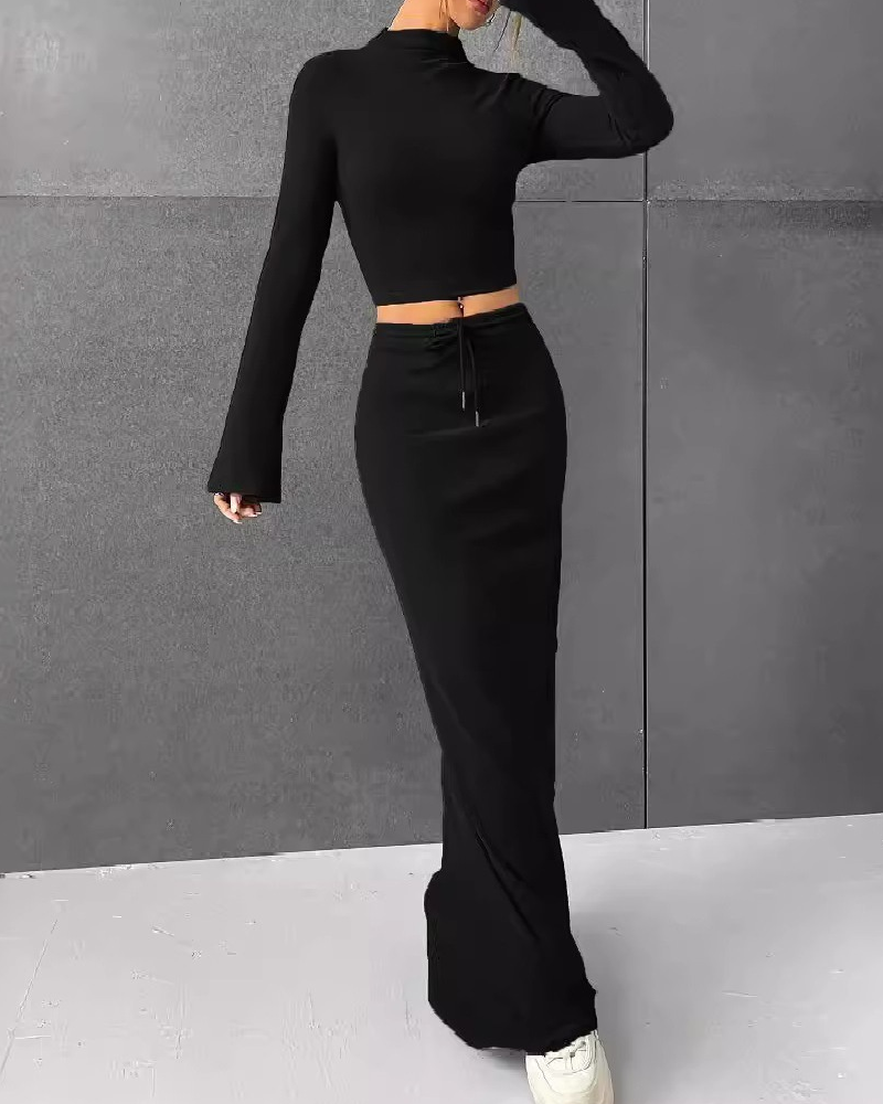 Solid Color Long-Sleeved Slim-Fit Base Layer Bodycon Long Skirt Set