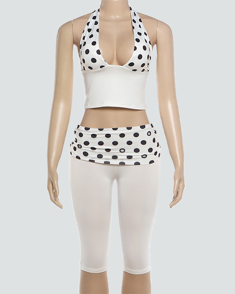 Stretchy Fashion Polka Dot Print V-Neck Crop Top & High Waist Slim Fit Pants Set