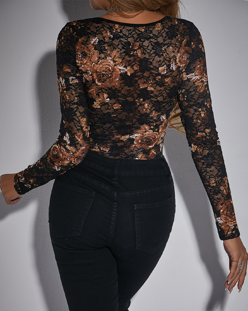 Elegant Lace Floral Square Neck Tulle Long Sleeves Underwire Bodysuit