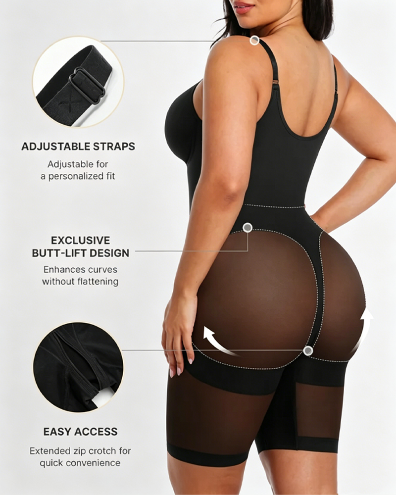 Front Zipper Butt Lifter Mid-Thigh Mesh Bodysuit Shapewear（Pre-Sale）