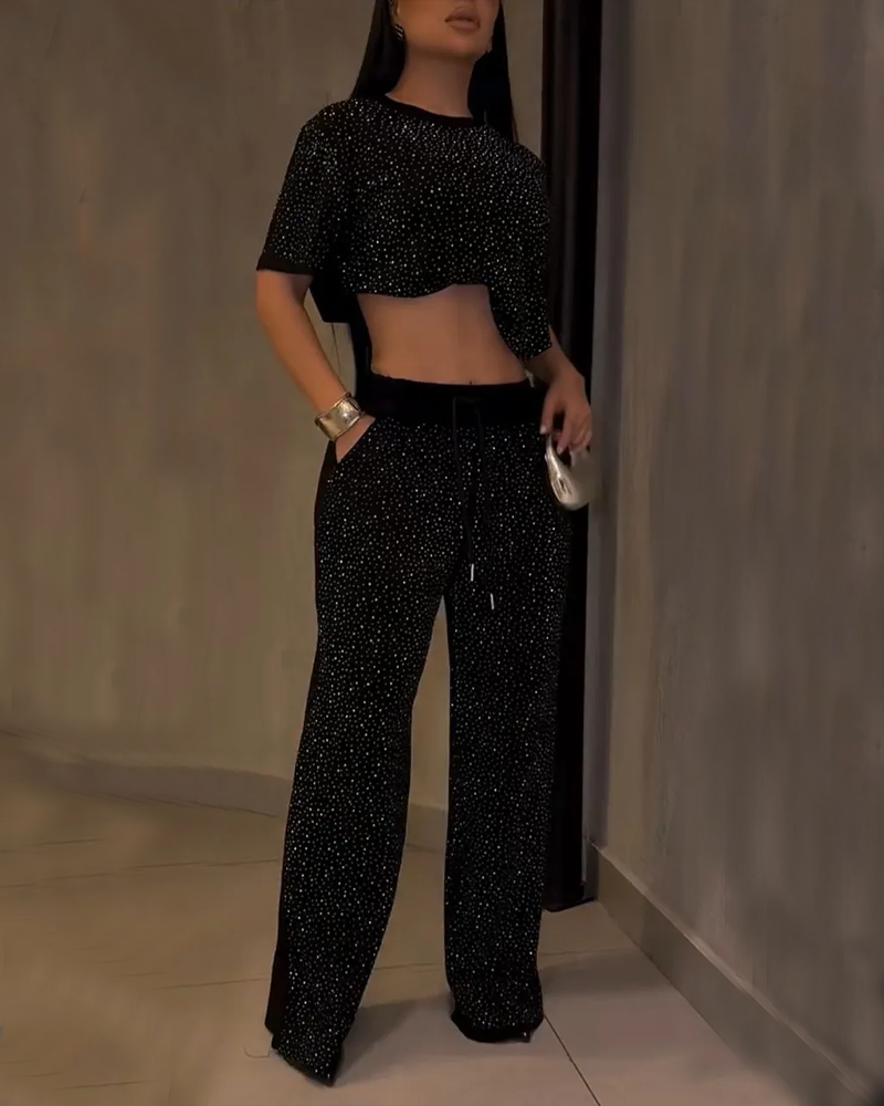 Rhinestone Embellished Loose Fitting Casual Top And Wide Leg Pants Set 