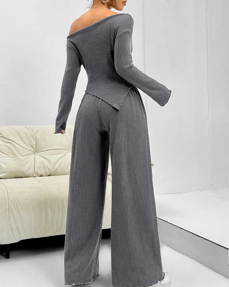 Casual Knitted Off-Shoulder Wide-Leg Trousers Two-Piece Set