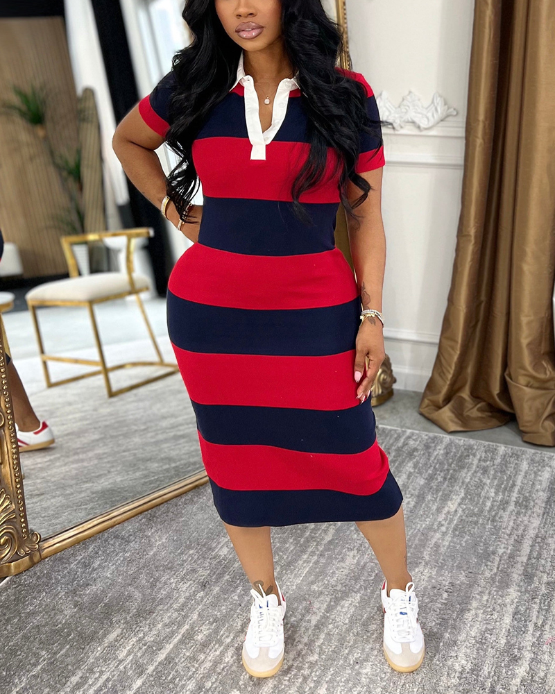 Polo Collar Retro Color Block Splicing Slim Fit Dress