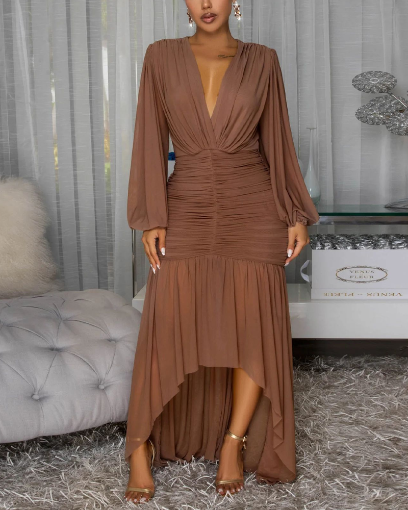 V Neck Pleated Waist Bodycon Maxi Dress (Pre-Sale)