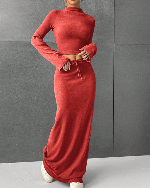 Solid Color Long-Sleeved Slim-Fit Base Layer Bodycon Long Skirt Set