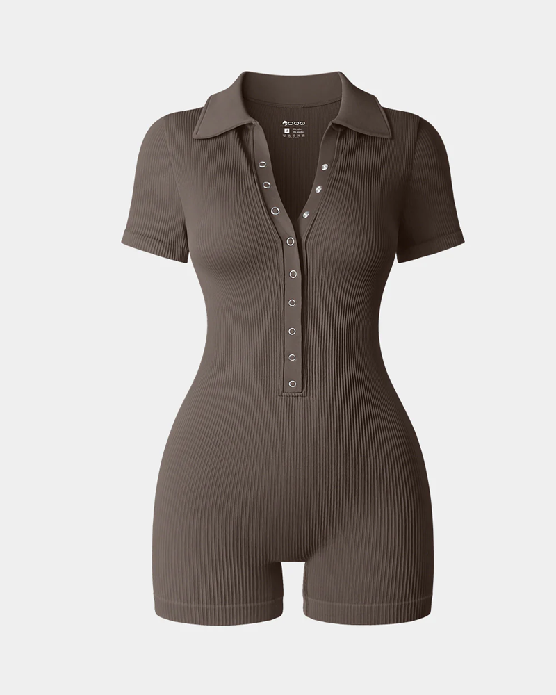 Ribbed V-Neck Elastic Waist-Cinching Tummy-Control Sports Yoga Bodysuit