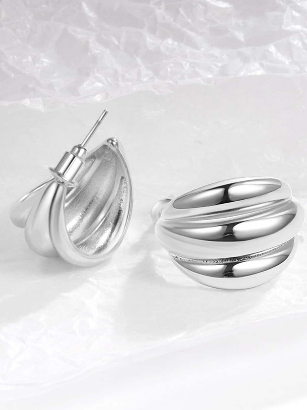 Three-circle C-shaped metal niche design earrings-Curvy-Faja