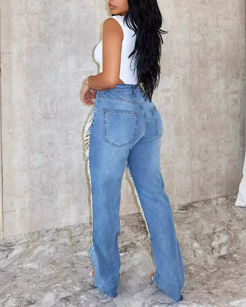 Ripped Heavily Beaded Stretch Jeans