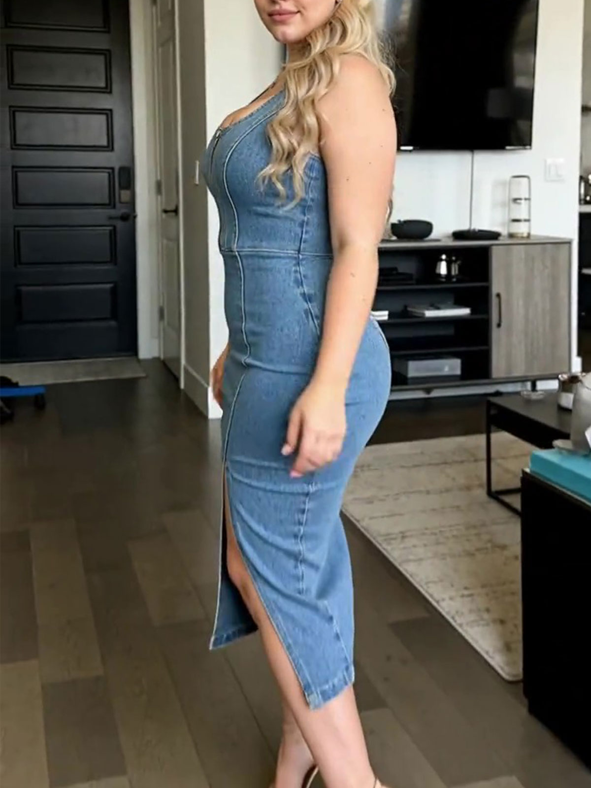 Stretch Sleeveless Denim Dress With Slit