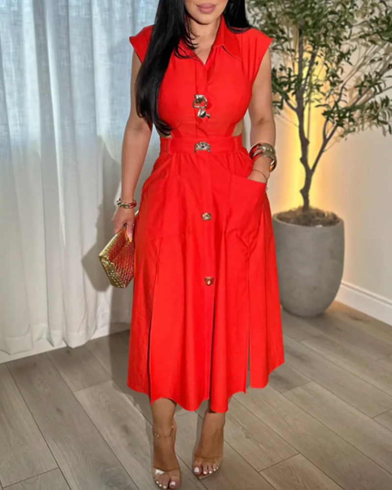 Business Suit Sleeveless Shirt Collar Dress Waist Hollow Design Long Skirt-Curvy-Faja