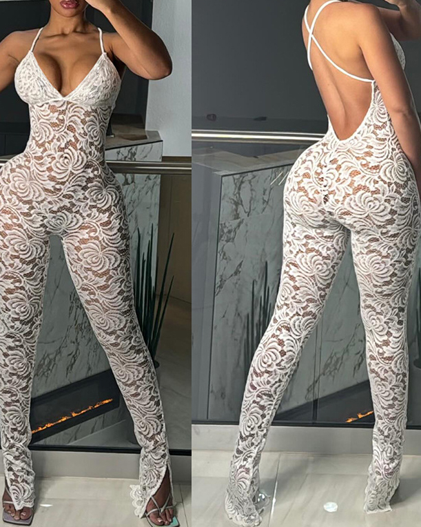 Deep V Halter Back Lace See Through Jumpsuit-Curvy-Faja