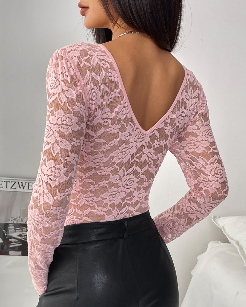 Floral Lace Sheer Long Sleeve Bodysuit V Neck Slim Fit Thong Body Shaper