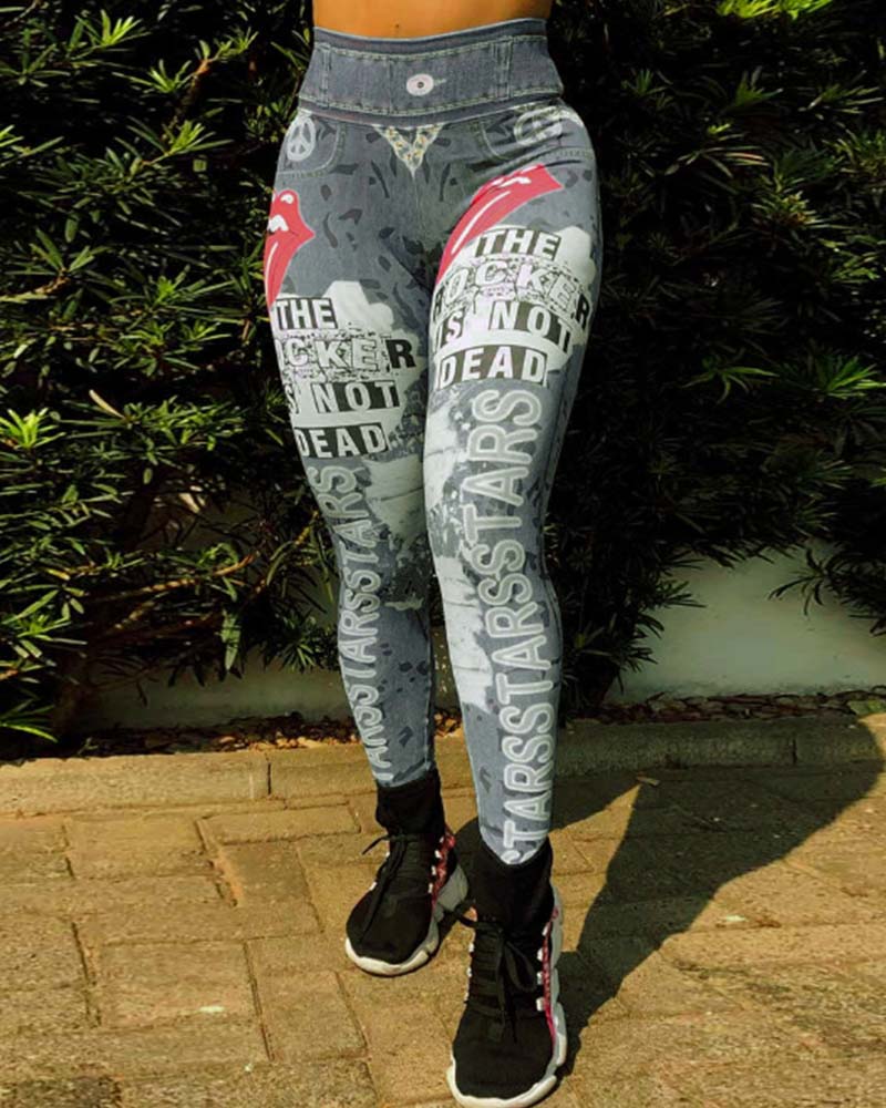 High-Waisted Imitation Denim Printed Yoga Pants-Curvy-Faja