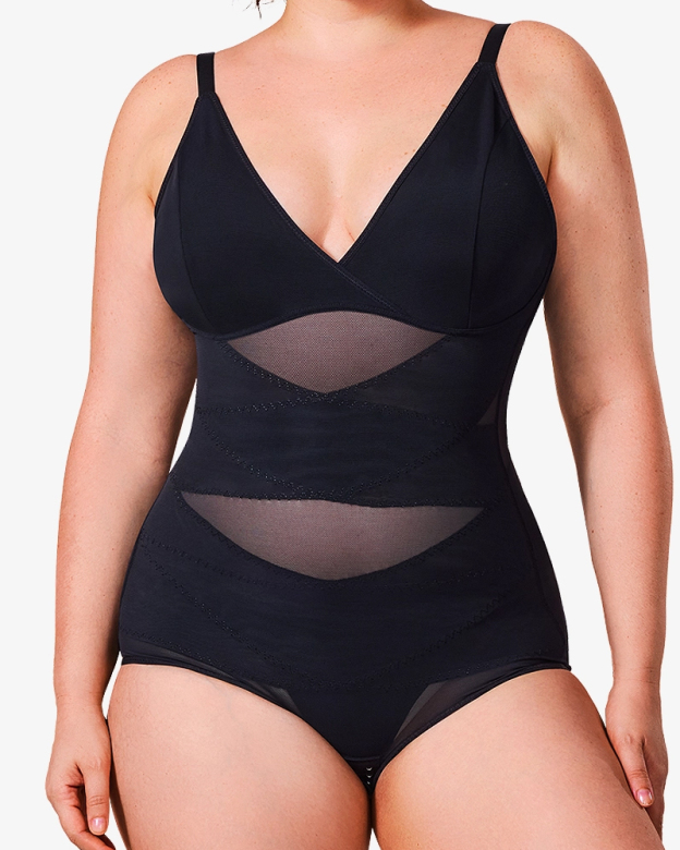 See-Through Mesh Waist-Lifting Bust-Supporting Bodysuit-Curvy-Faja