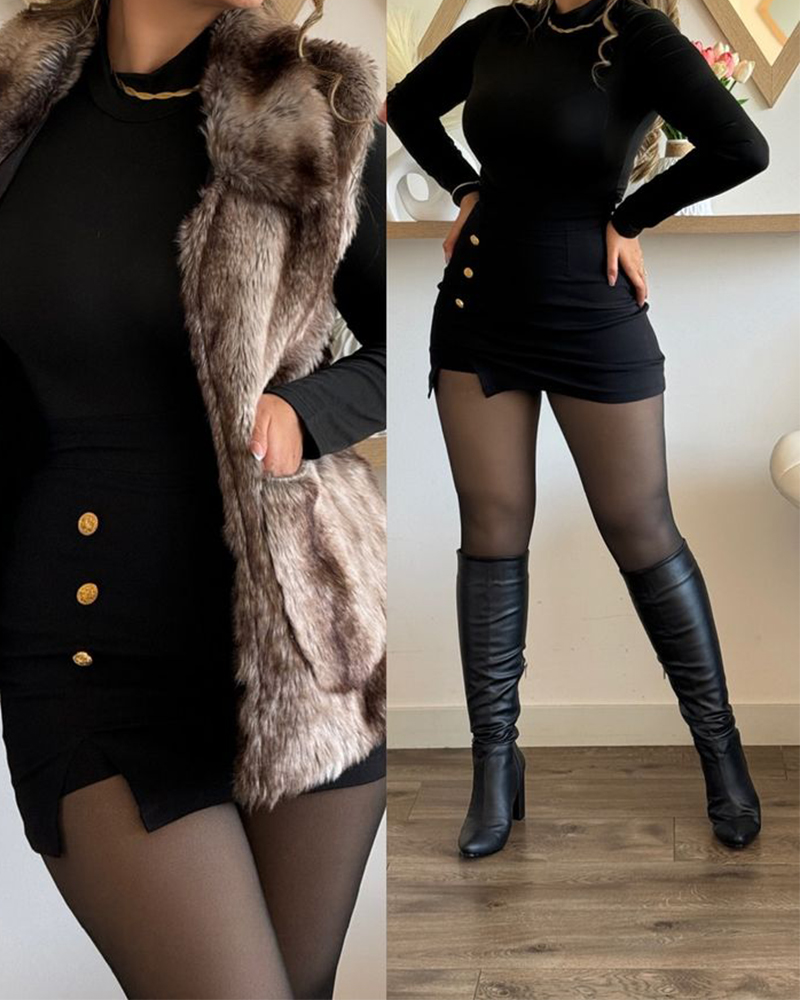 Three-Button Front Slit Shorts Skirt-Curvy-Faja