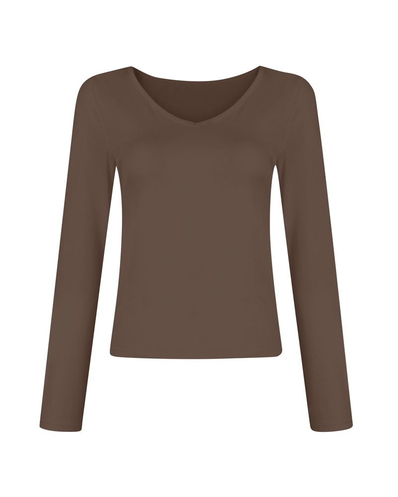 V-Neck Long-Sleeved Slim-Fit Versatile T-Shirt Top-Curvy-Faja