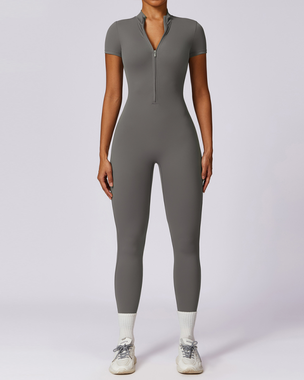 Zippered Short-Sleeved Slim-Fit Jumpsuit