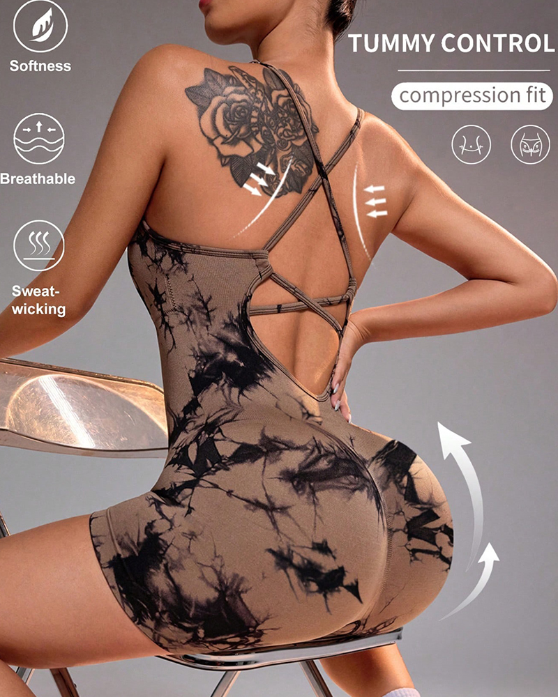 Tie-Dye Back Yoga Romper-Curvy-Faja