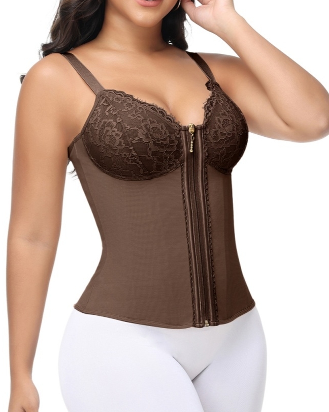 Deep V Lace Corset Top Trimmed Waist Trainer with Front Zipper-Curvy-Faja