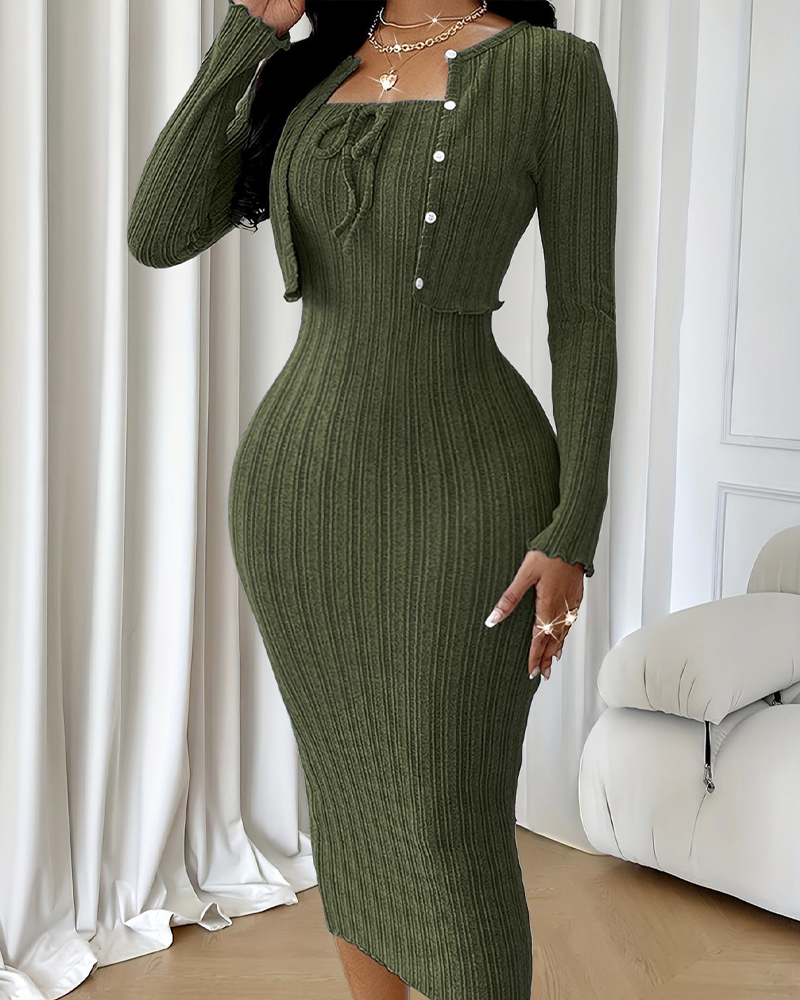 Women's Ribbed Fitted Dress Cardigan Set