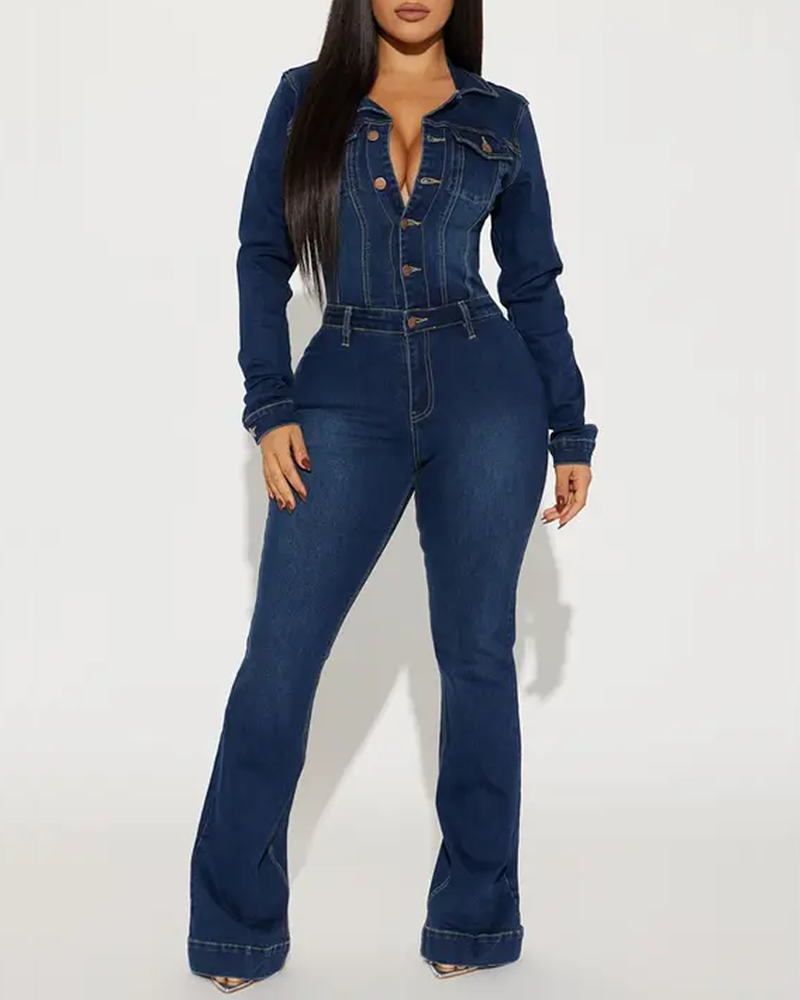 Slim-Fit Stretch Flared Long-Sleeved Denim Jumpsuit