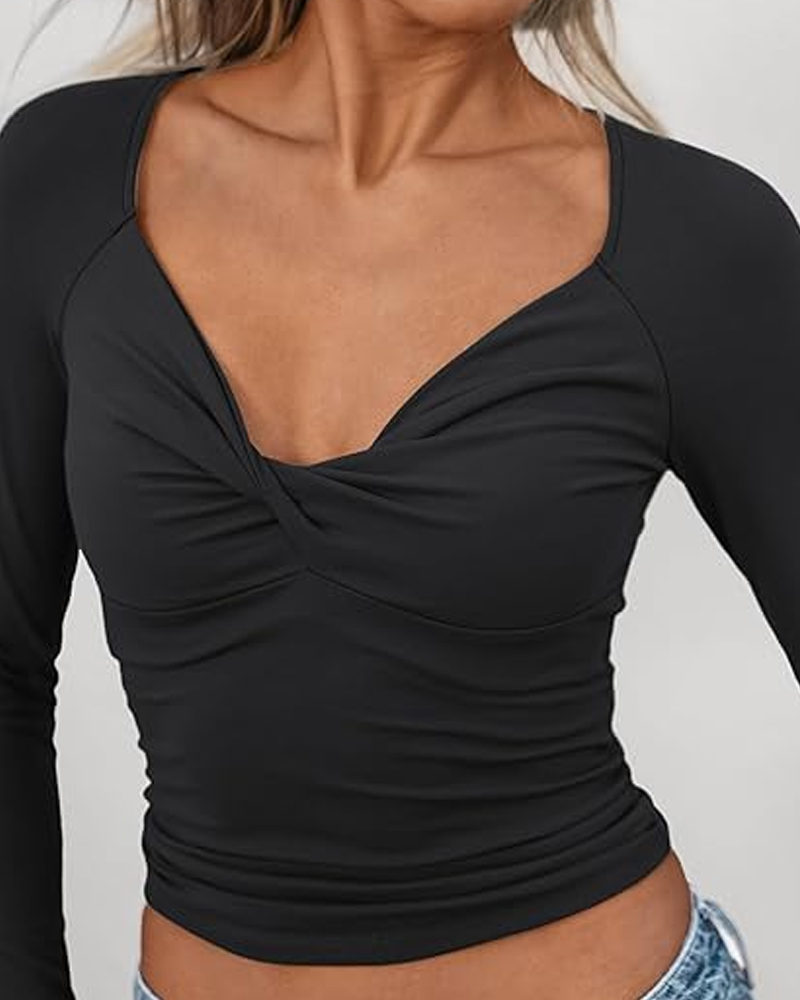 Twist Front Long Sleeve T-Shirt Slim Fit Top-Curvy-Faja