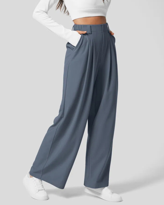 High Waisted Plicated Side Pocket Wide Leg Waffle Work Pants