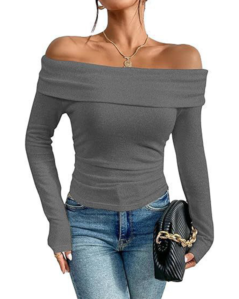 Sexy Off-Shoulder Slim-Fit Long-Sleeved Bottoming Shirt-Curvy-Faja