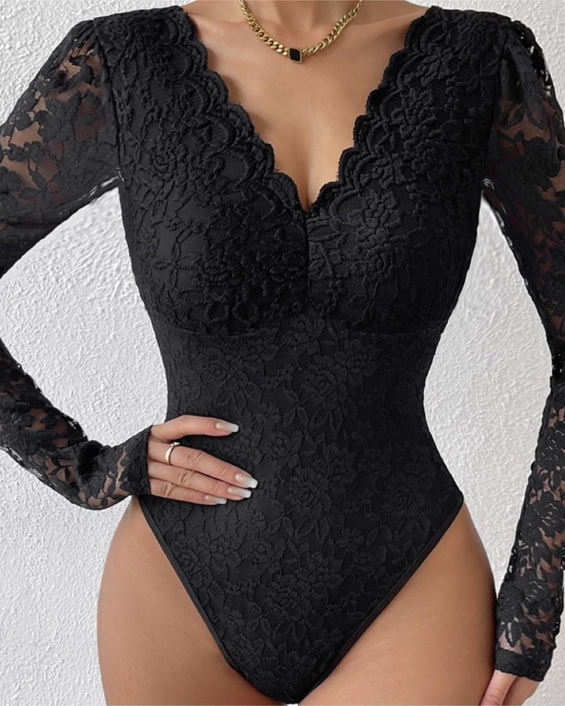 Floral Lace Sheer Bodysuit V Neck Slim Fit Thong Body Shaper