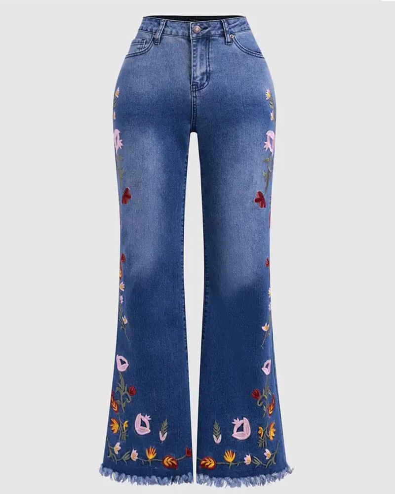 High-Elastic Embroidered Flared Jeans-Curvy-Faja