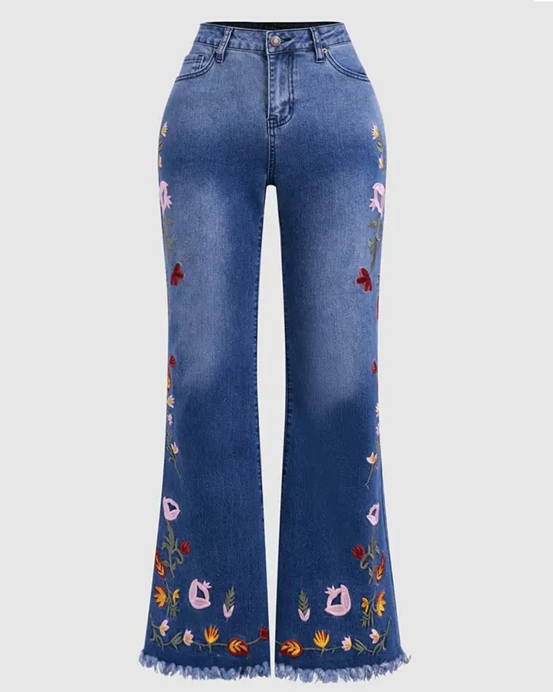 High-Elastic Embroidered Flared Jeans-Curvy-Faja
