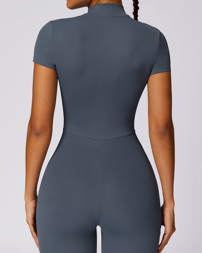 Zippered Short-Sleeved Slim-Fit Jumpsuit