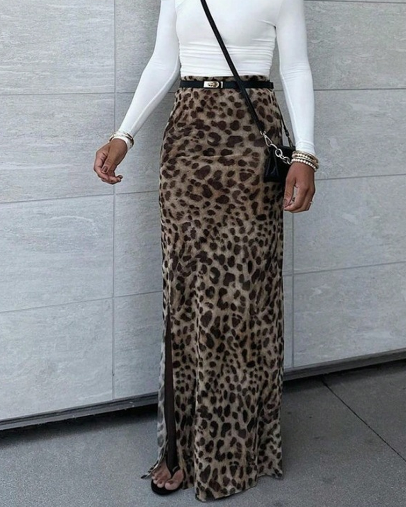 Leopard Print High-Waisted Midi Skirt