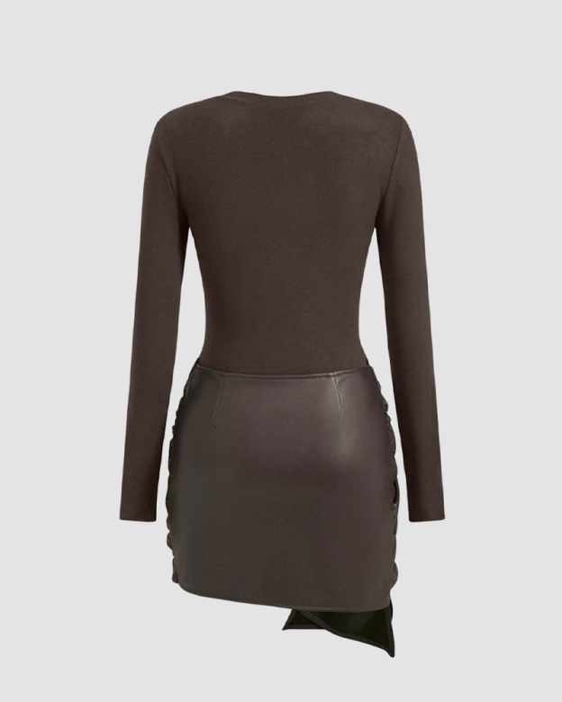 Women's Front-Tie PU Trim Long-Sleeved Mini Dress