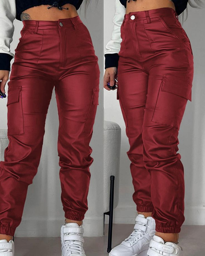 Zipper Pleated PU Casual Patch Pocket Skinny Pencil Trousers-Curvy-Faja