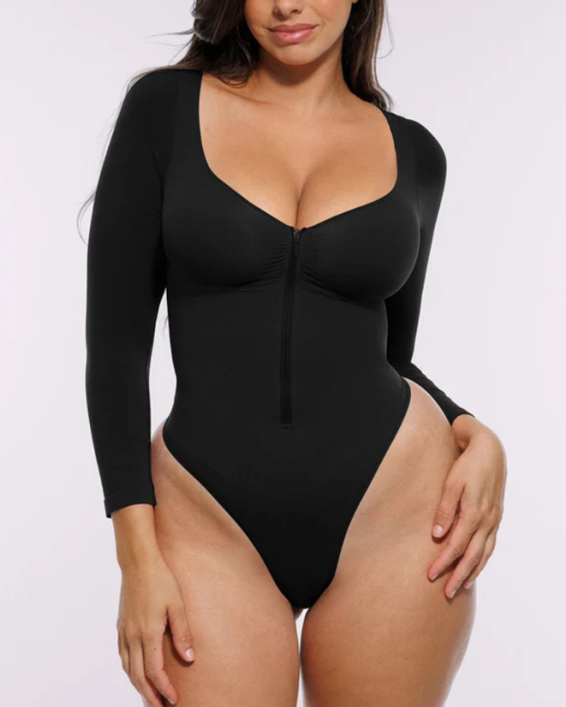 Front Zipper Seamless Slimming Long Sleeve Thong Bodysuit-Curvy-Faja