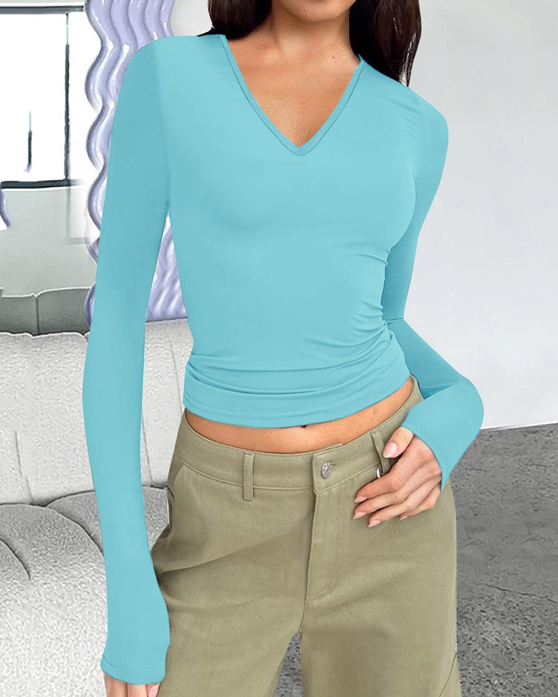V-Neck Long-Sleeved Slim-Fit Versatile T-Shirt Top-Curvy-Faja