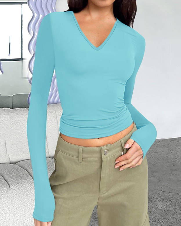 V-Neck Long-Sleeved Slim-Fit Versatile T-Shirt Top-Curvy-Faja