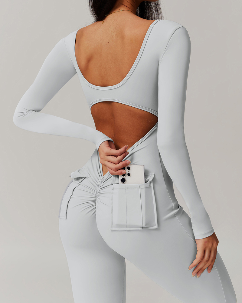 Back Pocket Open Back Yoga Bodysuit-Curvy-Faja