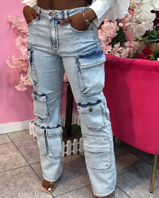 Streetwear-Style High-Waisted Stretch Washed Multi-Pocket Jeans