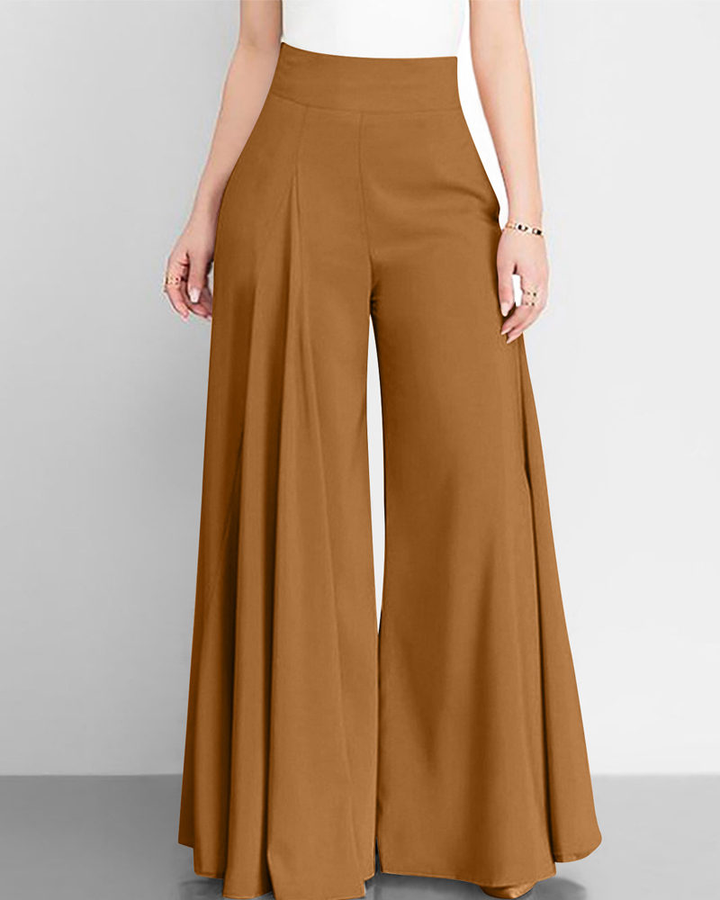 Solid Color High Waist Wide Leg Pants-Curvy-Faja