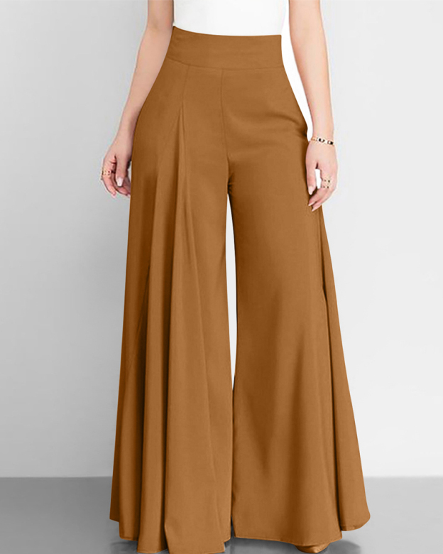 Solid Color High Waist Wide Leg Pants-Curvy-Faja