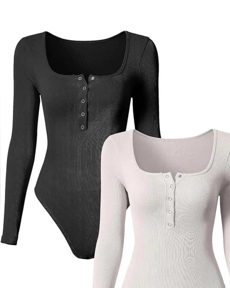 Button-Front Square-Neck Ribbed Triangle Bodysuit