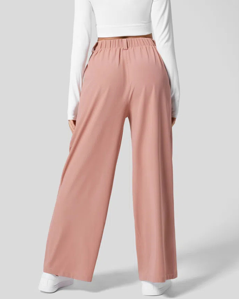 High Waisted Plicated Side Pocket Wide Leg Waffle Work Pants